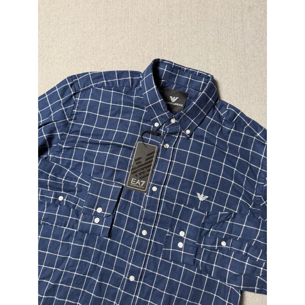 Emporio Armani Shirt Mens L Blue Check Plaid Long Sleeve Dress Button Up NWT